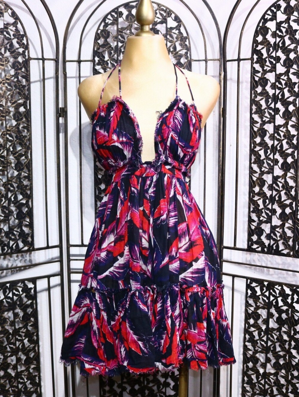 Free People 100 Degree Printed Mini Dress Small Halter Open Back Boho Cotton, S